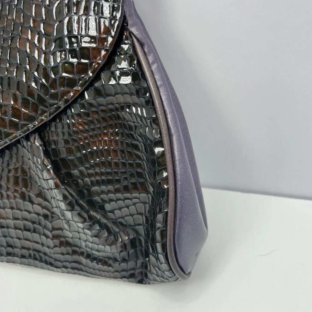 Vintage Faux Croc Clutch Envelope Evening Bag Brown Purple Chic Retro Midcentury